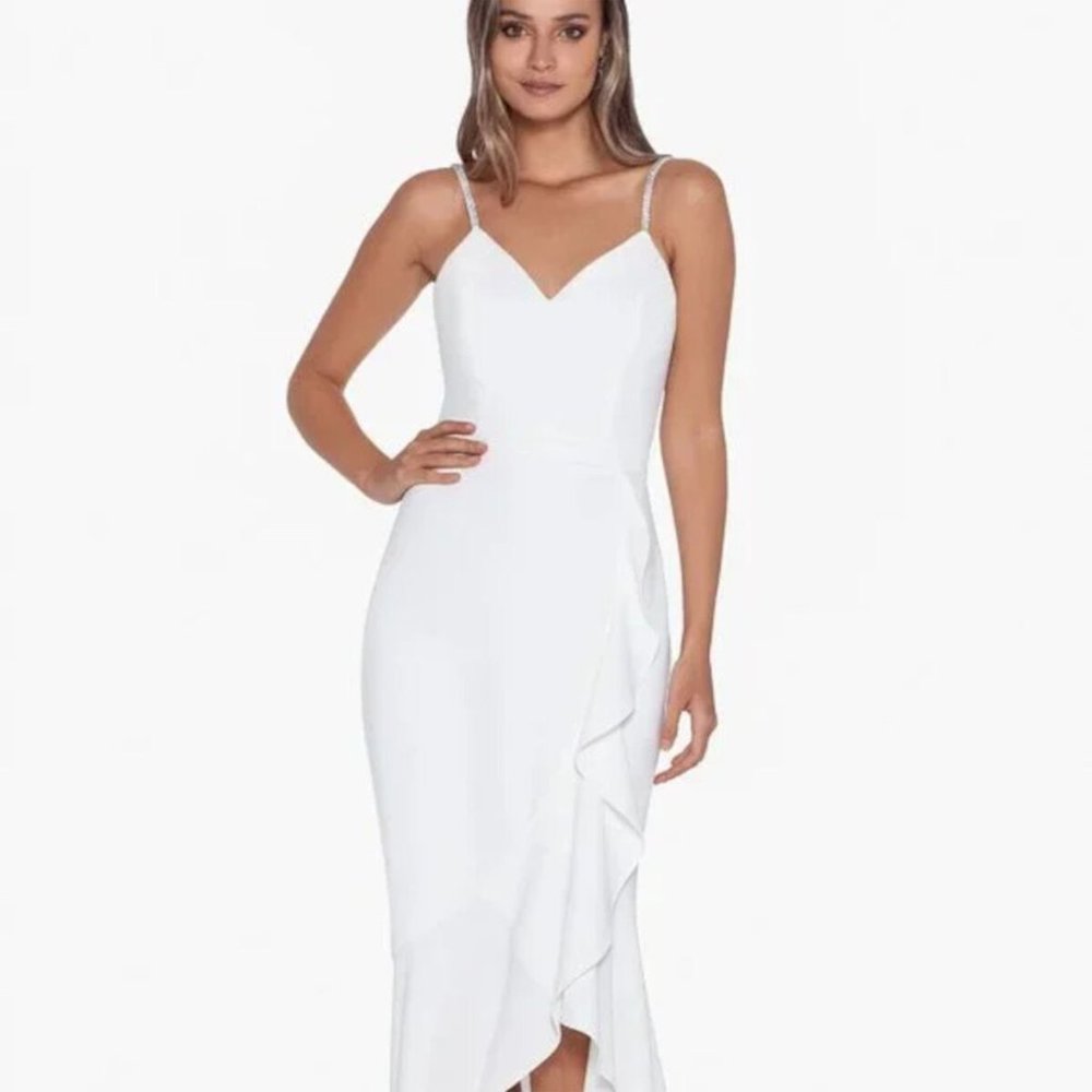 XSCAPE Rhinestone-Strap Midi Dress White/Silver Size 6